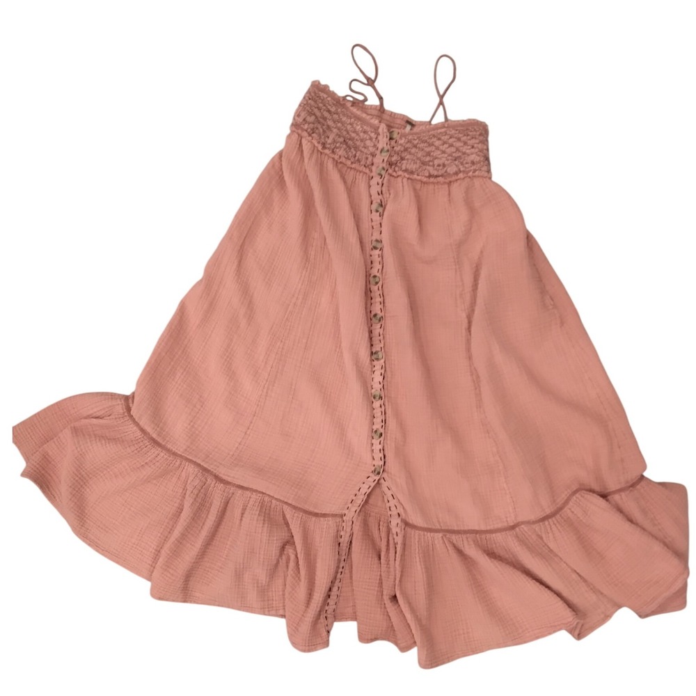 Free People Smocked Button Front Mini Dress Pink Gauze Ruffle Sleeveless Boho XS